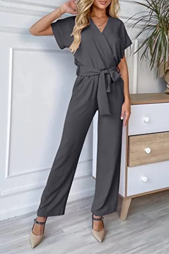 PRETTYGARDEN Women's Summer One Piece Jumpsuits Belted Short Sleeve Wrap V Neck Fashion Dressy Casual Wide Leg Pants Romper