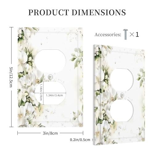 Decorative Outlet Covers Rustic Ink Green Leaves White Florals Flower 1 Gang Duplex Light Switch Cover Plate Unique Wall Plate Electrical Switch Plate Covers for Bedroom Home Decor