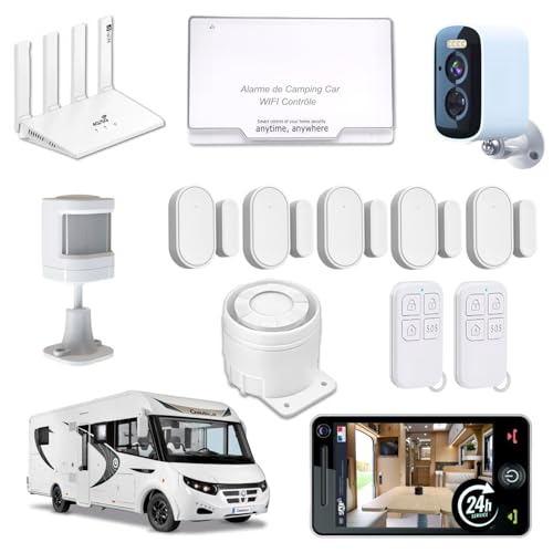 Nouveau - Alarme de Camping Car + Box-Routeur WiFi 4G + 1 Camèra de Surveillance Autonome Plusieurs Mois 24h/24h – 2 Sirènes 125 DB - 5 Détecteurs...