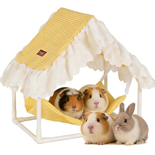 Guinea Pigs Hammock Machine Washable Guinea Pig Hideout Tent Breathable Bunny Hide with Curtain for Dwarf Rabbit Hamster Ferret cage Accessories (Yellow)
