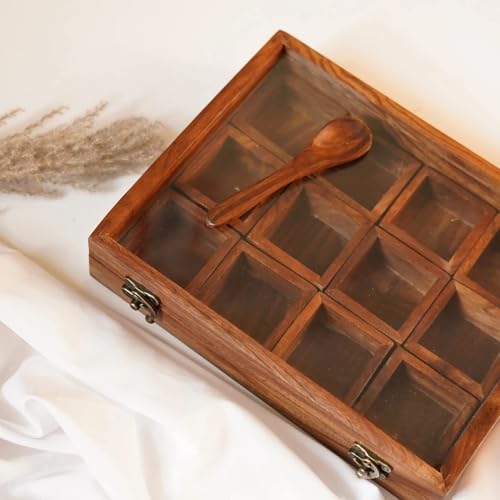 Image of THEHEARTWILL Sheesham Wooden Spice Box for Kitchen - 'Twelve Blends' Masala Container Dabba with 12 Containers & 2 Spoons | Wooden Masala Dani Box | Wooden Namak Dani for Kitchen