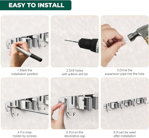 Image of Niwlix 2 Slot & 3 Hook Stainless Steel Mop and Broom Holder Wall Mount, Anti Slip Heavy Duty Waterproof Broom Hanger Stand Organizer Tool for Kitchen Home Garden Bathroom Garage