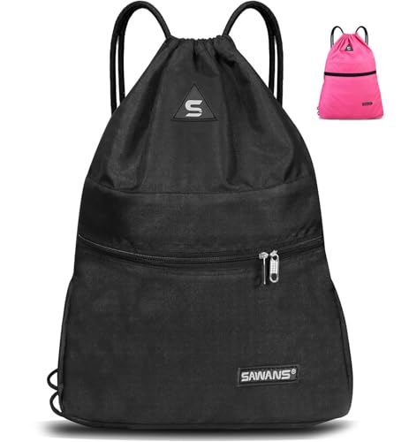 Drawstring Gym Sport Bag String Waterproof Pocket Zipper Sack Backpack for Women Men Travel Kit Bag for Hiking School Students PE Bag Outside Swimming Adult Beach Holidays (Black)