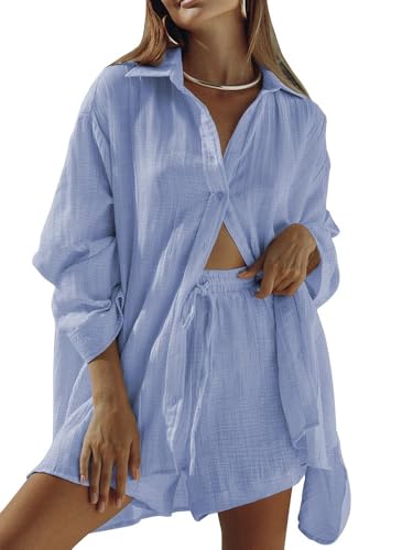 Fixmatti Two Piece Short Set for Women Button Down Blouse Shirt Long Sleeve Shirt And Loose High Waisted Mini Shorts Blue L