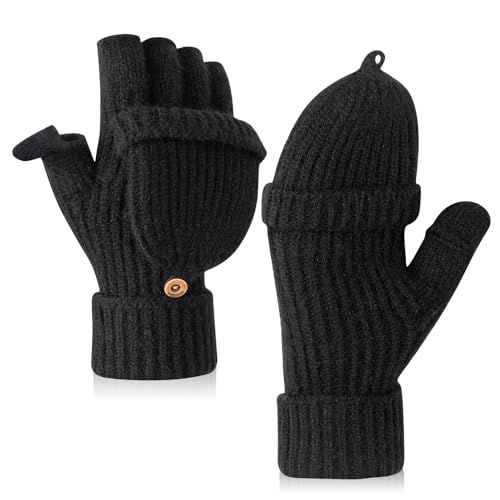 Kiiwah Handschuhe Fingerlos mit Kappe für Damen und Herren, Thermo Klappfäustlinge Handschuhe Ohne Fingerkuppen Damenhandschuhe Winter Wandelbare Fausthandschuhe für...