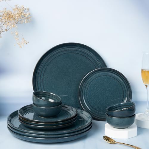 Image of Bodhi House Handcrafted Chip Resistance Porcelain Dinner Set, 12 Pieces Dish Set Serving for 4, Microwave and Dishwasher Safe, Bone-ash Free, Crockery Set for Dining and Gifting, Sapphire Blue