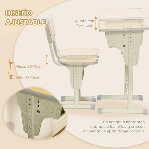 Miniatura 6 de Homcom Juego De Escritorio Y Silla Para Niños De 6 Años Escritorio Infantil Altura Regulable Pupitre Infantil Con Gancho Y Cajón Madera Natural