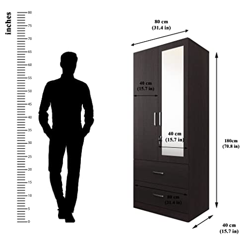 Image of VIKI Wardrobe | Wooden Almirah for Clothes,Door for Bedroom, 2 Door Wardrobe with Drawer, Mirror & Hanging Space (Dark Wenge - 40D x 80W x 180H) | 1 Year Warranty | Free Assembly