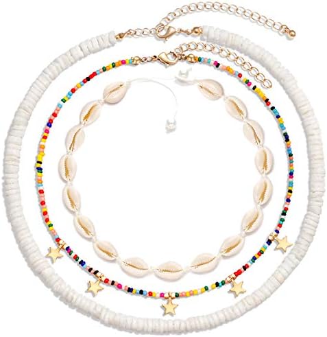XOCARTIGE Puka Shell Choker Necklace, Cowrie Shell Necklace for Women Girls Bohemia Colorful Bead Choker Star Choker Summer Beach Collar for Men