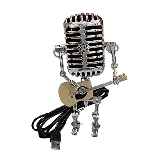 fengshan Creativa lámpara de mesa con micrófono robot, lámpara de escritorio, decoración para el hogar | vintage de metal, micrófono robot, lámpara de mesa LED, guitarra, robot, lámpara de escritorio