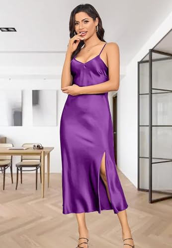 Image of ALCEA ROSEA Women's Long Satin Slip Dress Nightgowns Sexy Lingerie Adjustable Strap Midi Dress Silky Gown V Neck Under Dress