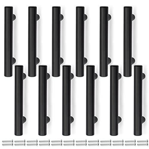 Bwintech 12 Pcs 100MM (64MM Hole Center) Matte Black Cabinet Pull Handles Kitchen T Bar Handles, Stainless Steel