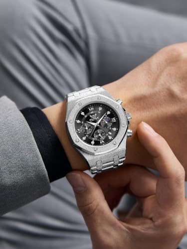 Image of OPK Men Analog Automatic Watches Waterproof Multifunction Chronograph Diamond Moon Phase Luminous Stainless Steel Band Wrist Watches