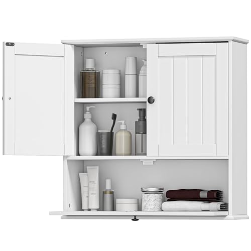 HOMCOM Armario de Baño de Pared, Mueble de Baño Colgar Rústico con Estante Ajustable, Doble Puerta, Puerta Abatible y Cierre Magnético, para Cocina, Lavadero, sobre el Inodoro, Blanco