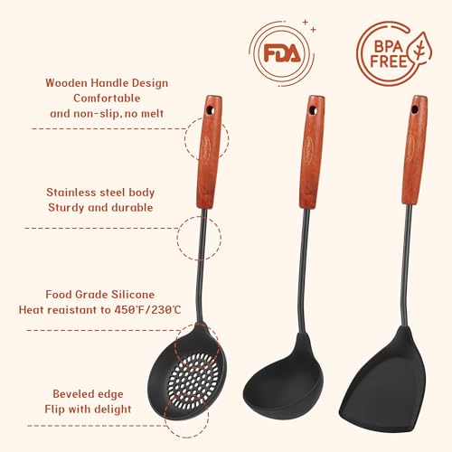 FJNATINH Silicone Wok Spatula,Ladle,Skimmer Ladle Tool Set,Non Stick Heat-Resistant Stainless Steel Cooking Utensils BPA Free Kitchen Utensils Cookware, Pack of 3,Black - Thumbnail 4