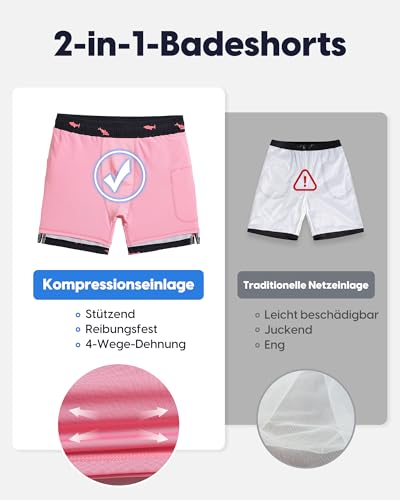 MaaMgic 2 in 1 Badehose für Herren mit Kompression Innenhose | 7" Schnelltrocknend Badeshorts Männer 4 Way Stretch Boardshorts mit Reißverschlusstasche Verstellbar Tunnelzug,L,Schwarz Rosa Hai 6