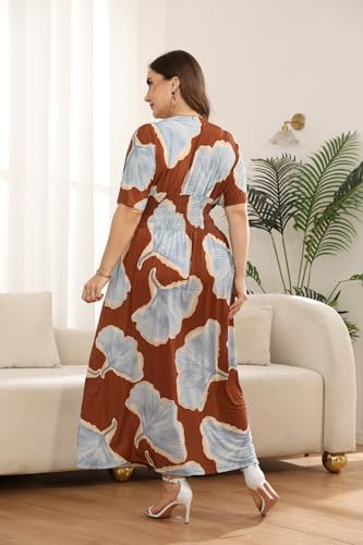 Image of OSTOO Women's Plus Size Hawaii Empire Waist Bat Short Sleeve Casual Floral Print Boho Maxi Dress