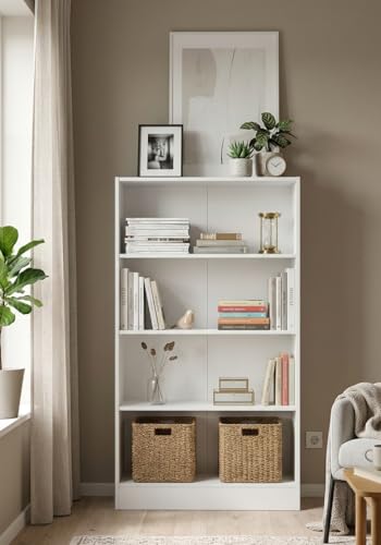 Image of DeckUp Muvo 4-Shelf Engineered Wood Book Shelf and Display Unit (White, Matte Finish)