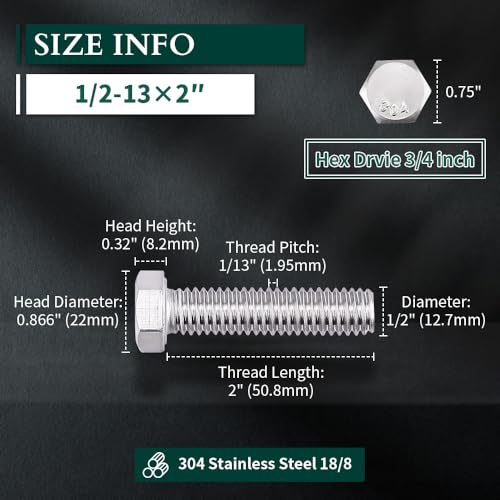 Image of 1 /2-13 x 2 Hex Head Bolts Screws, 304 Stainless Steel 18-8, Fully Threaded, Hexagon Head Cap Bolts Screws, Coarse Thread UNC, 5 PCS