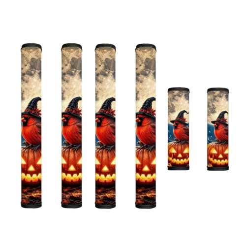 Image of 6 Pcs Refrigerator Microwave Door Handle Covers Electrical Appliances Handle Protector for Halloween Home Kitchen Decor, Cardinal Bird Pumpkin Moon Print