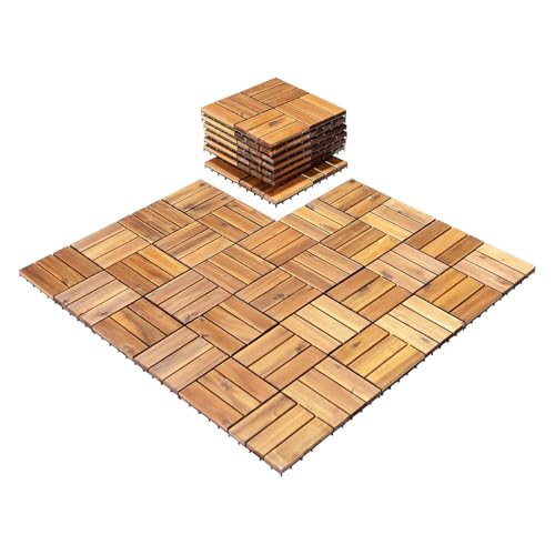 GOPLUS Juego de 27 Azulejos de Jardín de Madera de Acacia, 30 x 30 cm Azulejo de Patio para Suelo, Montaje sin Herramientas, Suelos para Interiores y Exteriores Terraza Balcón