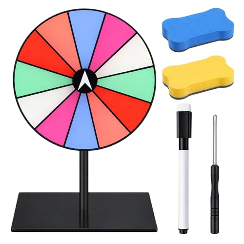 Lizricona Spinning Prize Wheel 12-Slot with Square Base Spin the Wheel with Stand Set Includes Marker and Eraser 6 Colorful Sections Tabletop Use for Parties Classroom Games and Promotional Events