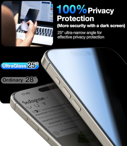 UltraGlass Ultra Top 9H+ Glass for iPhone 15 Pro Max Privacy Screen Protector [Invisible Privacy Armor] Screen Protector 15 Pro Max Tempered [Full Coverage & Longest Durable] 15 ProMax, 2 Pack - Thumbnail 3
