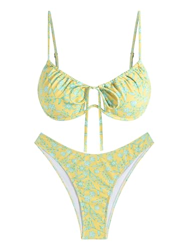 Image of ZAFUL Women High Cut Bikini Sets String Sexy Swimsuit Two Piece Underwire Bathing Suit Brazilian Cheeky Cut Out Cute Swimwear