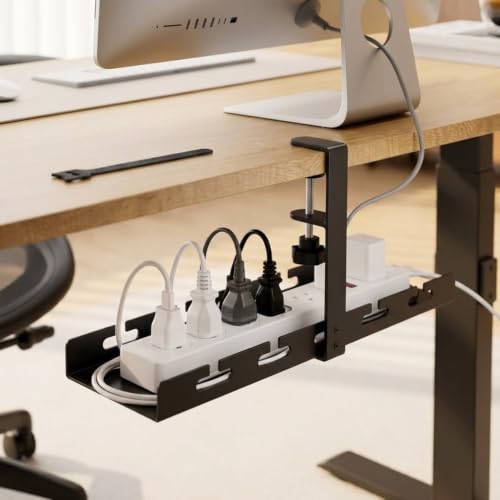 Image of Herrlich Homes Under Desk Cable Management Tray | No Drill Clamp-On Wire Organizer | Height Adjustable Metal Power Strip Holder | Black | 40 cm