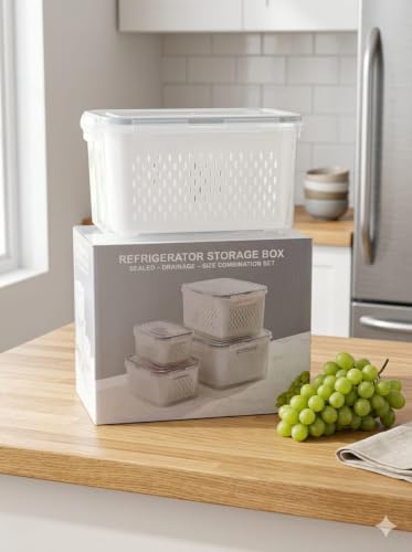 Image of Refrigerator Storage Box with Lid & Drain Basket Set of 4