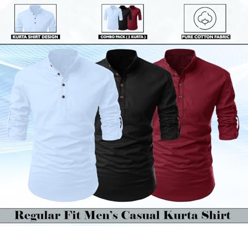 Image of FINIVO FASHION Combo of Men's Cotton Blend Solid Regular Fit Full Sleeve Straight Short Kurta Shirt, Casual and Formal Wear