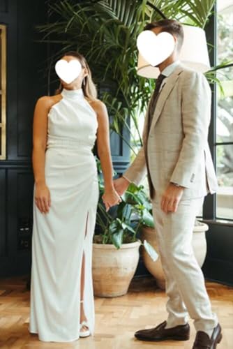 Image of Halter Bridesmaid Dresses Long with Slit Satin Prom Dress Pleated Mermaid Formal Gown Evening Dress