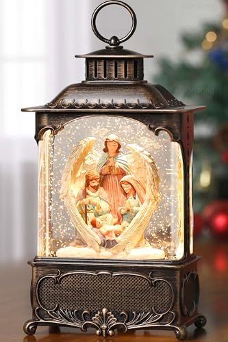 Blansong Nativity Snow Globe Lantern Christmas Decorations Gifts Auto Snowfall Glitter Music Collection Angel Nativity Scene with 6H Timer USB/Battery Powered 10.2 inch