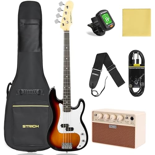 STRICH Electric Bass Guitar 4 Strings Full-Size Beginner Kit, Standard Bass for Starter with 2 x 5w Amp, Bag, Tuner, Strap, Cable, SPB-S10 Sunburst
