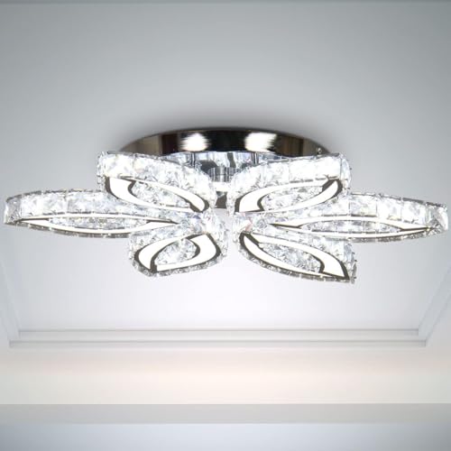 FRIXCHUR 20-inch Modern Crystal Chandelier Flower-Shaped LED Chandelier K9 Crystal and Acrylic Cool White 6500K Suitable for Living Room, Bedroom, and Dining Room