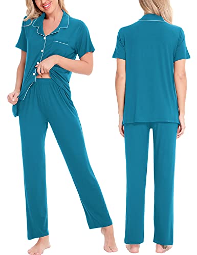 Image of SWOMOG Women Pajama Sets Two-Piece Nightwear Short Sleeve Sleepwear Button Down Pj Lounge Sets with Long Pants