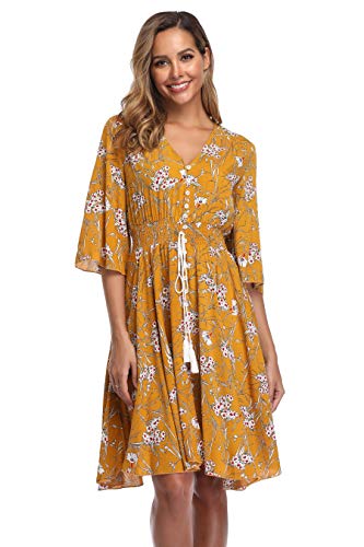 Image of VintageClothing Women's Floral Sundresses Flowy Boho Summer Beach Dress | Lightweight Breathable material,Elegant V Neck and Button Front Design,Flared Bell Sleeve Cut,Mini Casual dress