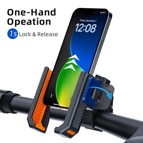 Image of KIVOS Motorcycle Phone Mount Holder with 1s Lock,Camera-Friendly Design,Handlebar Cell Phone Clamp for Bike,Scooters Phone Holder for iPhone Air 17 Pro Max, 16 15 Pro Max Plus,2.4 inch-3.54 inch Wide Phones