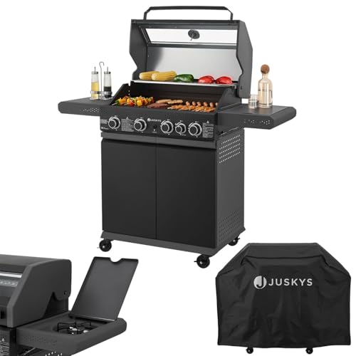 Savannah BBQ Gas Barbecue - 4 Burners and 1 Side Burner - XXL Steel Gas Grill with Cast Iron Cooking Grate, Hob, Base Cabinet for Gas Bottle