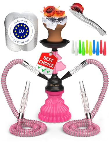 Shisha Set 2 Hose Pink – Portable Hookah with 50x Foil, Shisha Head, 10x Tips, 2x Mouthpiece, 2x Hose, Tongs, Hookah Set With Everything LilOne 12”