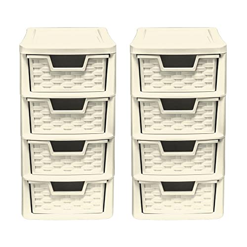 4 Drawer Small Rattan Tower Unit - Cream, Set of 2 Units - 38.5cm (H) x 19cm (W) x 26cm (D)