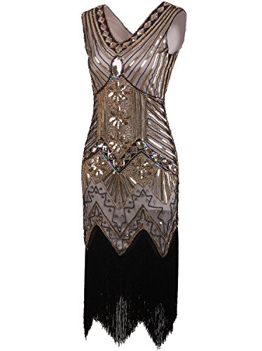 Vijiv Women 1920s Gastby Sequin Art Nouveau Embellished Fringed Cocktail Dresses Glam Gold X-Large