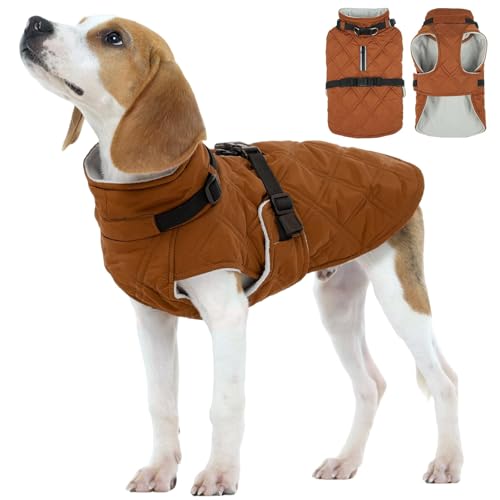 Kuoser Dog Coat Warm Fleece Lining Turtleneck Dog Jacket with Harness Built-in, Adjustable Windproof Cold Weather Coats with Quick Release Buckle Pet Winter Snowsuit for Small Medium Dogs, K