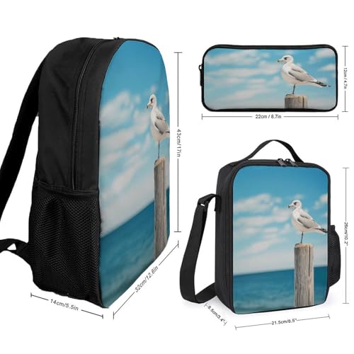 3 Piece Backpack for Women Men Lightweight Causal Daypack Shoulder Bag Set with Insulated Lunch Bag And Pencil Case Organizers Perched on Wooden Pillar2