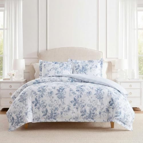 Image of Martha Stewart - Twin Comforter Set, 100% Silky Smooth Cotton Sateen Floral Bedding for Year Round Comfort, 2 Piece Bed Set with Matching Pillowcase (Songbird Blue)