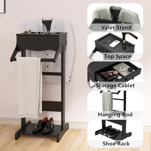 Image of Clothes Valet Stand for Men, Wooden Clothing Rack with Drawer, Hanger, Tray, Drawer, Rods, Women Garment Valet for Bedroom, Living Room, Entryway, Office, Black