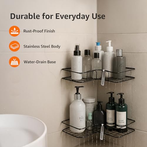 Image of Amazon Basics Modern Wall Mounted Corner Rack for Bathroom | Mild Steel Storage Shelf for Toiletries, Shampoo, Soap & Accessories| Self adhesive | Rust-Resistant, Easy to Clean, Space-Saving Organizer - 27.5 x 27.5 x 6.2 cm, Pack of 2, Black