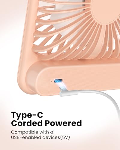 Image of Koonie USB Desk Fan, Strong Wind Ultra Quiet Small Mini Fan | 180 Tilt Folding & 3 Speeds Adjustable, USB-C Corded Powered Personal Fan for Office Desktop Bedroom, Pink, NO BATTERY