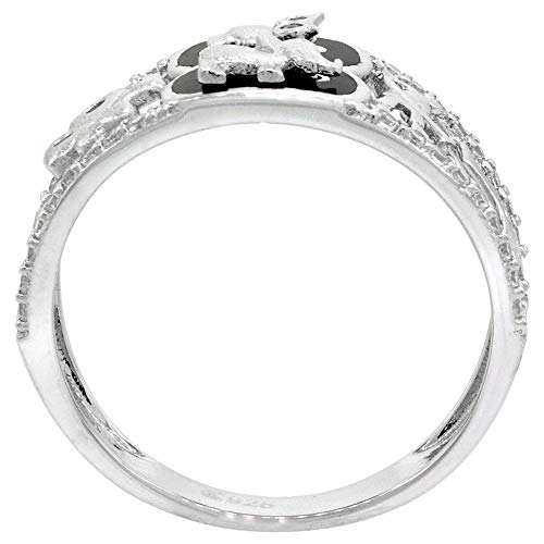 Sterling Silver Micropave Cz Onyx Lucky Charms Ring Women Elephant Owl Clover Horseshoe Evil Eye Rhodium Finish Size 8 #TOP1