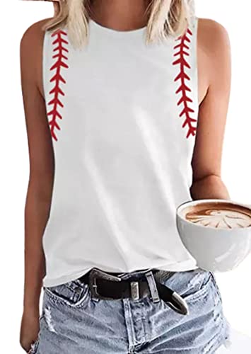 Catálogo de Ropa de Béisbol para Mujer los 5 más buscados. 41 MHTOR Camiseta sin mangas de béisbol con cuello redondo para mujer, estampado de camisetas de béisbol, lindo entrenamiento, casual, verano, sin mangas, Blanco, M